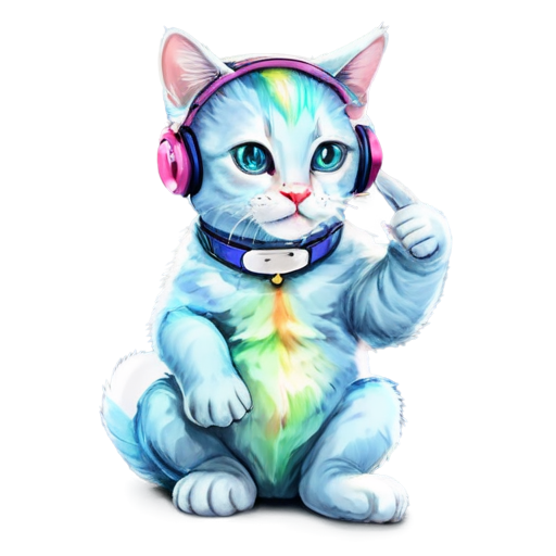 rainbow cat with headphones while holding phone - icon | sticker