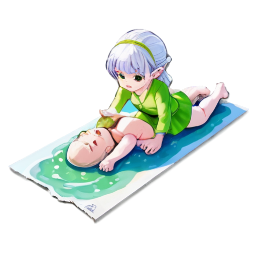 Anime young girl character with light purple, feeding her baby with her salt, white European appearance, almost silver, hair styled in two low ponytails. She has pointed elf-like ears and large, expressive green eyes. teen, tiny, without shoes, on the beach, lying on the sand with her back up, - icon | sticker