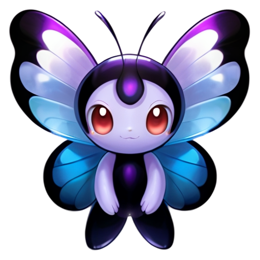 Epic full-body illustration of Butterfree, a butterfly Pokémon with large purple wings and black markings, red compound eyes, and two white antennae, fluttering gracefully in a vibrant meadow, detailed wing texture, lush flower field background, elegant and serene expression, dynamic lighting, high-definition, realistic style. - icon | sticker