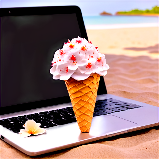 An exquisite ice cream cone, adorned with delicate flower petals, rests gracefully near a sleek laptop on a sun-kissed beach in the Maldives. The high-resolution image captures the creamy texture of the ice cream and the intricate details of the flower, creating a sense of realism and beauty. This photorealistic rendering, created with Octane Render, showcases the vibrant colors and textures in a hyper-detailed, very realistic depiction." - icon | sticker