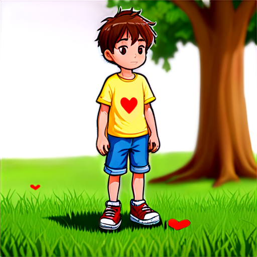 Alone boy standing on grass , with broken heart - icon | sticker