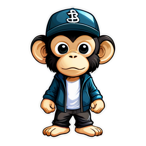 A hiphop monkey standing up with a black fitted flat billed hat on. no background - icon | sticker