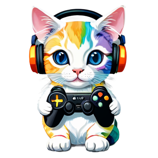 A rainbow cat with headphones and a gaming controller - icon | sticker
