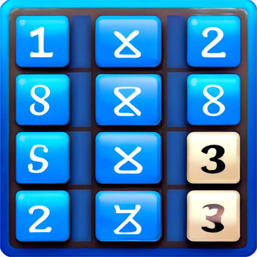 Generate a mobile app icon for a Sudoku game with a vibrant blue background (#1552d9). The icon should feature a central 3x3 Sudoku grid. Each of the nine cells in the grid should contain a single, bold, white number from 1 to 9, clearly visible and not overlapping. Ensure the numbers are evenly distributed and not duplicated within the 3x3 grid. The grid lines should be white and crisp, creating a clean separation between cells. Add a subtle, soft shadow beneath the grid to give it a floating appearance. Surround the grid with small, well-defined icons representing the game’s features: a pencil icon in the bottom-left corner, an eraser icon in the bottom-right corner, and a checkmark icon at the top center. These icons should be simple and clear, complementing the main grid without overwhelming it. Ensure the overall design is modern and minimalistic, with no extra elements that might clutter the icon. The focus should be on clarity, readability, and an elegant presentation of the Sudoku theme. - icon | sticker