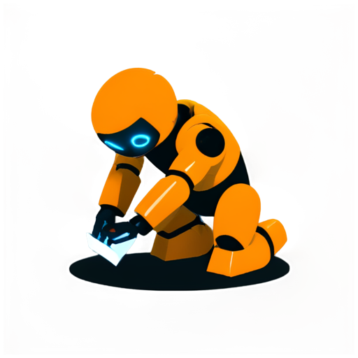 A simple robot, painted in orange and black, front and upper body, wearing a magnifying glass, squatting on the ground and marking its position with a red pen. - icon | sticker