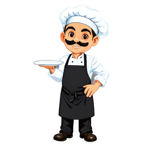 a chef who has only the upper body without legs and he has a mustache, holds a delicious dish in his hands, the chef shows a class gesture with his hands and he is dressed completely in white and smiles - icon | sticker