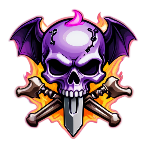 A skull burning in a purple-pink flame, behind which is a bat and a steampunk wrench folded into a cross - icon | sticker