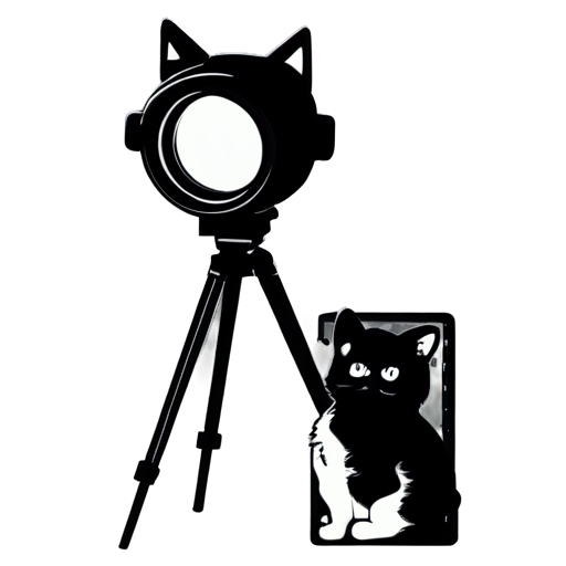 a beautiful cinema screen, black and white colour, cat shooting with a movie camera, style animé - icon | sticker