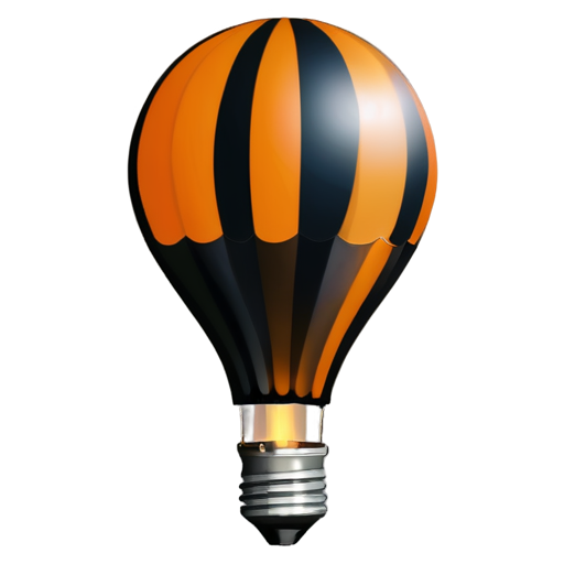 hot air balloon that looks like a light bulb denoting inspirational ideas, the light bulb has an element in the middle that is in the shape of a website designer, orange and black - icon | sticker