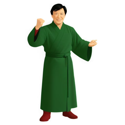 Sticker, Jackie Chan in a Shaulin manakh robe, in a fighting stance holding Gaiwan in his hands, against the background of the green county of Wishan Cliff, ready for a fight with a smile on his face - icon | sticker