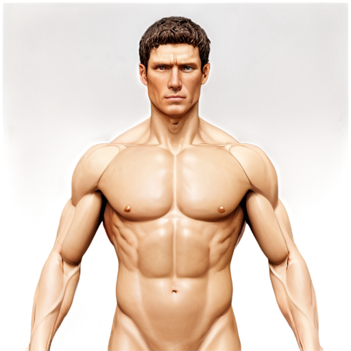 A stoic and overly muscular Vitruvian man standing at the back of the circle. His body is anatomically accurate and technically rendered, revealing every tendon, vein and muscle beneath translucent pale skin. His eyes are tightly closed, as if he is shutting himself out from the world around him. The man is visible only from the waist up; he has four arms. He holds one pair of arms down at an angle of 45 degrees to the body, the second pair of arms extends exactly to the sides parallel to the lower plane. - icon | sticker