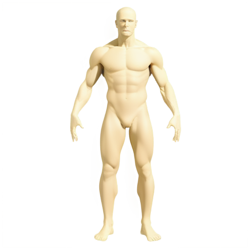 A stoic and overly muscular Vitruvian man, with four arms, standing behind a circle. His body is anatomically accurate and technically rendered, revealing every tendon, vein and muscle beneath translucent pale skin. His eyes are tightly closed, as if he is shutting himself out from the world around him. The man is visible only from the waist up; he has four arms. He holds one pair of arms down at an angle of 45 degrees to the body, the second pair of arms extends exactly to the sides parallel to the lower plane.ides parallel to the lower plane. - icon | sticker