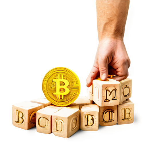 A drawn Hand holds a Bitcoin over a stack of blocks, with stars sparkling around it, symbolizing the creation of a new block. - icon | sticker