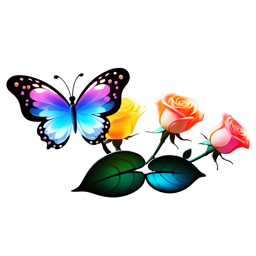 (((a transparent butterfly on a transparent rose)))), refracting colorful light, Flowers glow, glowing petals falling in the air, transparent petals, fluorescent leaves, soft colorful, fluorescent, gradient, colorful particles, Flowing, contour light,Bright and colorful, - icon | sticker