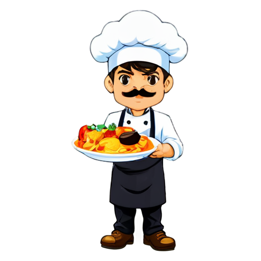 chef with a mustache holding a delicious dish in his hands - icon | sticker