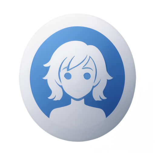 logo for a promts generator in blue sircle Anime, girl, tiny, slim, young, pretty. curly blond hair, not a standard angle, white t-shirt oversize, face - icon | sticker