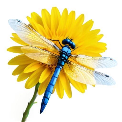 3d icon small blue dragonfly with transparent blue wings sitting on a big fluffy yellow dandelion flower detailed top view - icon | sticker