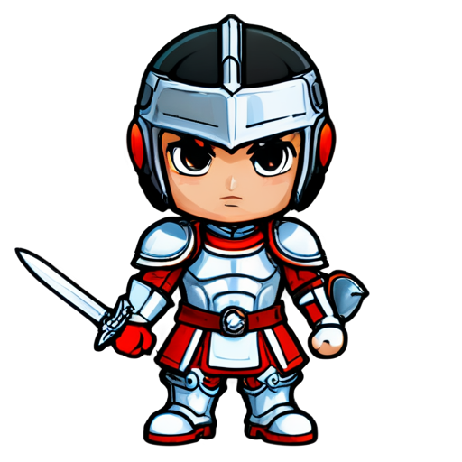 Warrior wearing white and red armor with sword in right hand and behind him is a war place - icon | sticker