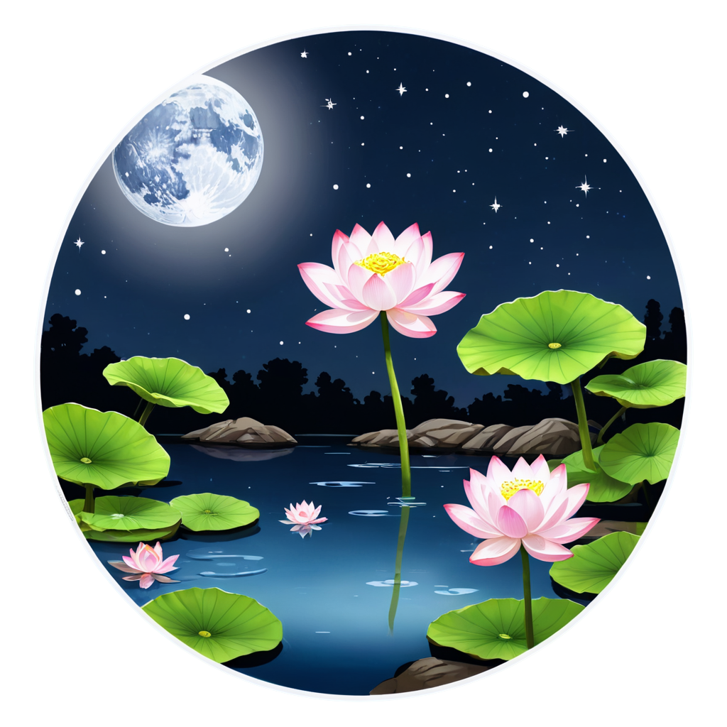 ink,architecture,east asian architecture,bird,rock,outdoors,water,black border,((moon)),starry sky,(lighting particle),fog,snow,(bloom),(water color),petal,(((surrounded by heavy floating petal flow))),lotus pond moonlight,lotus, - icon | sticker