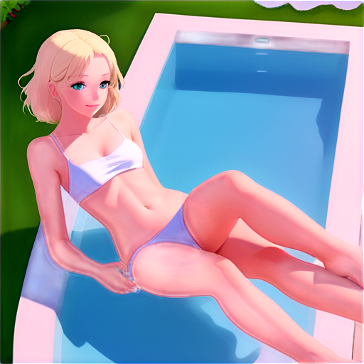 anime, day, girl, beautiful, short stature, slender, pretty, young, without shoes, on the pool, lying on the pool with her back up, heat, white sand, feeding her baby with her salt, 2d anime character, white European appearance, back end. oung anime young girl character with blond curly. She has large, expressive green eyes. teen, tiny - icon | sticker