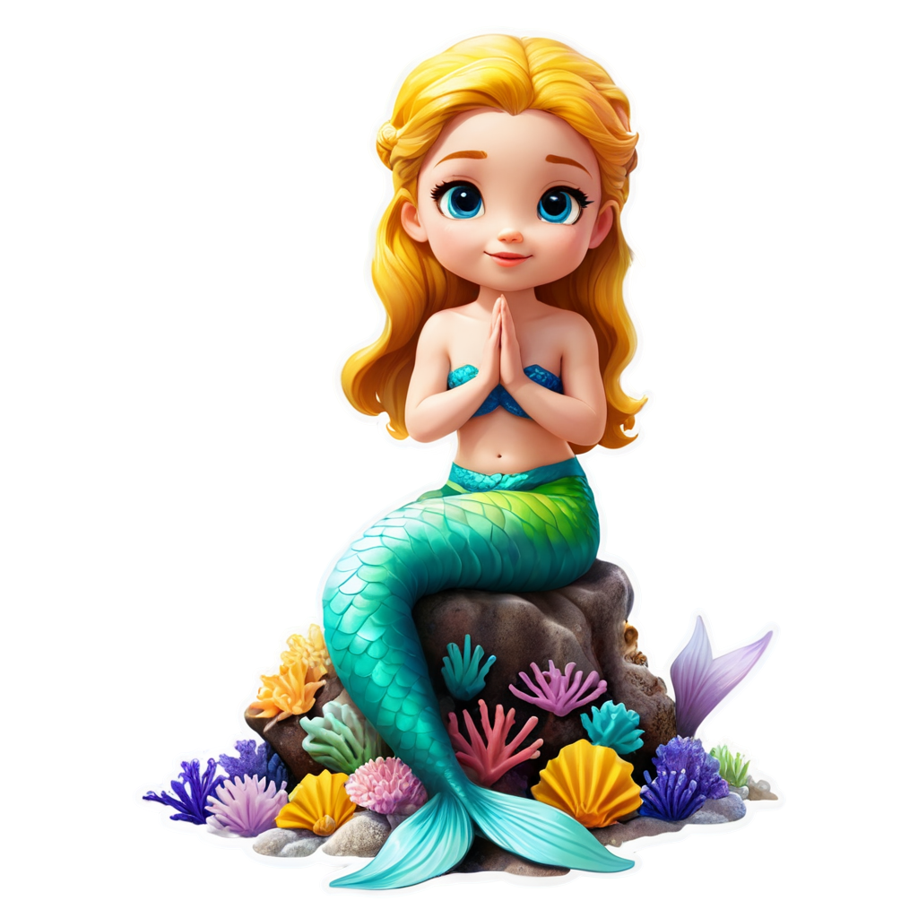 5 years old girl,hands folded,dynamic angle,realistic,mermaid sitting on the reef,seabed,meditation, - icon | sticker