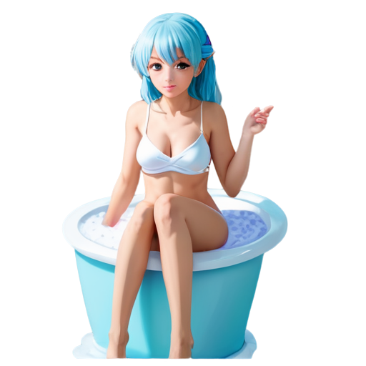 in anime style, day, girl, beautiful, light-blue-haired, slender, pretty, young, without shoes, on the bathroom, lying on the bath with her back up, heat, white sand, feeding her baby with her salt, 2d anime character, white European appearance, young anime young girl character with light purple, almost silver, hair styled in two low ponytails. She has pointed elf-like ears and large, expressive green eyes. teen, tiny. looking for the pink dot between legs - icon | sticker