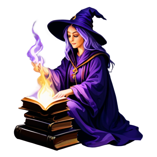 Logo magic and mystical, purple, violet, golden shades, white background, a female wizard is sittingbon a pile of ancient books and holding a magic lantern in her hand, minimalism - icon | sticker