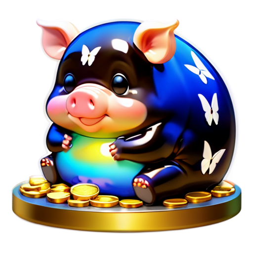 Filthy rich hog is fat and cashed up, sitting in a forest, stacks of gold coins in front of him, a lot of vegetation, butterflies, dandelions ang golden light around, portrait, close up, realistic - icon | sticker