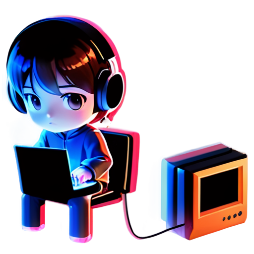 A determined-looking person wearing a headset, intently focused on a computer screen. The background could be a montage of different game development stages. - icon | sticker