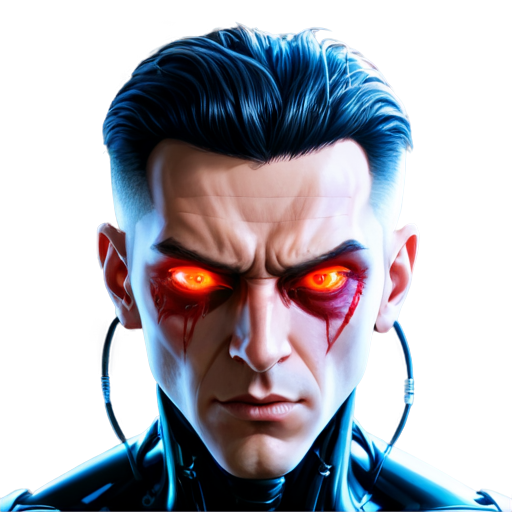 System shock game style. Cybernetic male. Red eyeballs in the shape of a heat - icon | sticker