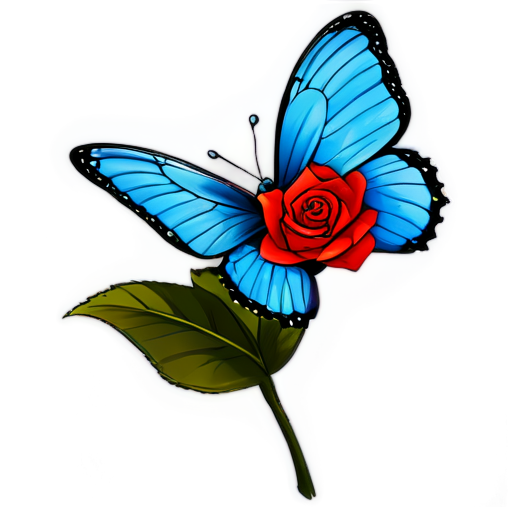 A minimalist cartoon blue butterfly flying away from a rose - icon | sticker