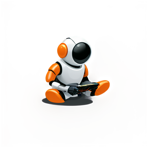 A simple robot, painted in orange and black, front and upper body, wearing a magnifying glass, squatting on the ground and marking its position with a red pen. - icon | sticker