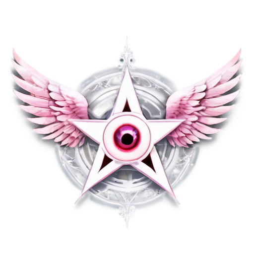 An angelic symbol of an eye shape with a satanic star behind it, pink and white colors, wings - icon | sticker