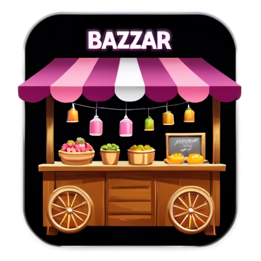 I want an Icon for a mobile app, having the color theme be Pink/Purple with black background. Showcasing a bazaar stall. Make it with black background and purple and pink Colors only - icon | sticker