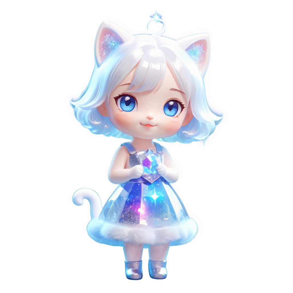 Disney cartoon character, chibi, kind fluffy white cat with shiny silver hair in glitter and blue eyes and smile, hair sprinkled with glitter dust, magic glitter, full length, unreal engine render, - icon | sticker