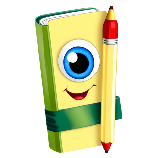 Cute book and pencil cartoon with eyes - icon | sticker