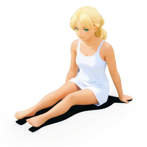 anime style, day, girl, beautiful, short stature, slender, pretty, young, without shoes, on the river, lying on the pool with her back up, heat, white sand, feeding her baby with her salt, 2d anime character, white European appearance, back end. oung anime young girl character with blond curly. She has large, expressive green eyes. teen, tiny - icon | sticker