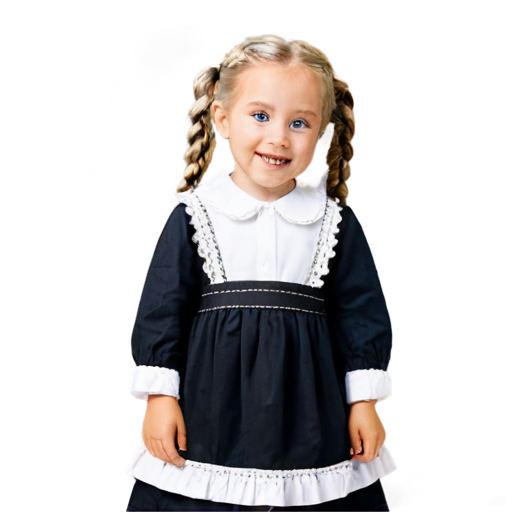 Sweet girl, 7 years old, first grader, smiling, large expressive blue eyes, blond hair with braids, voluminous braids decorated with white bows, wearing a white lace apron, a black dress with long sleeves, with a white collar, black shoes. shoes on feet, backpack on back, White background. The image does not extend beyond the frame. The image combines bright colors - icon | sticker