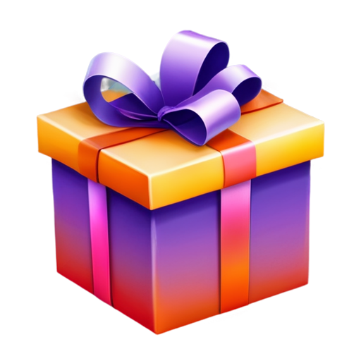 Gift in 3d. The color of the box is yellow and orange gradient. The ribbon color is purple - icon | sticker