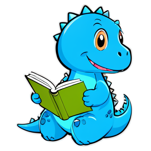 Dinosaur reading, Cute, blue, vector illustration, contemporary, flat colors, smart - icon | sticker