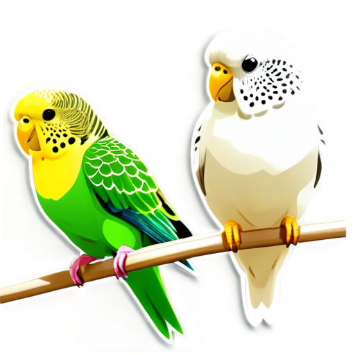 Two budgie: green male budgie and complitely white female budgie in golden cage - icon | sticker