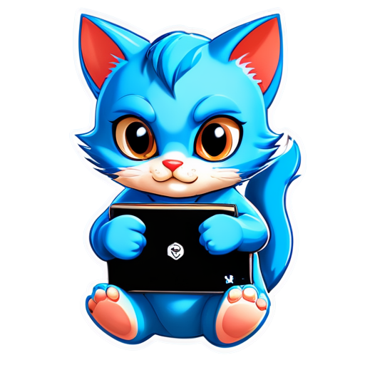 Cartoon -style blue cat is playing computer game League of Legends - icon | sticker