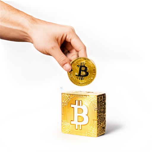 A hand holds a Bitcoin over a stack of blocks, stars sparkle around it, symbolizing the creation of a new block. - icon | sticker