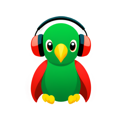 a cute green and red parrot wearing a headphone to listening a podcast in doodling style - icon | sticker