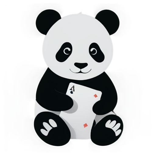 Sitting baby panda holding a deck of cards, black and white, ultra simplistic - icon | sticker