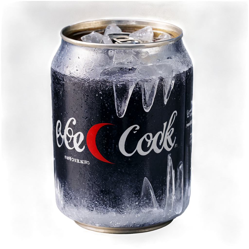 A can of Coke frozen in ice,transparent ice wrapped,natural light illuminated,cool tone,macro lens,clear detail,static,ice crystal texture,refreshing., - icon | sticker