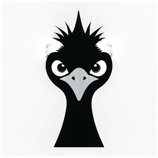 Generate an icon representing an emu bird's head viewed from the front. The expression of the bird has to be extremely agressive and angry. The icon has to be created in a minimalistic outlined abstract vector style, using basic lines and shapes. The background has to be strictly black, the element in the foreground has to be only white. Do not use other colors. - icon | sticker