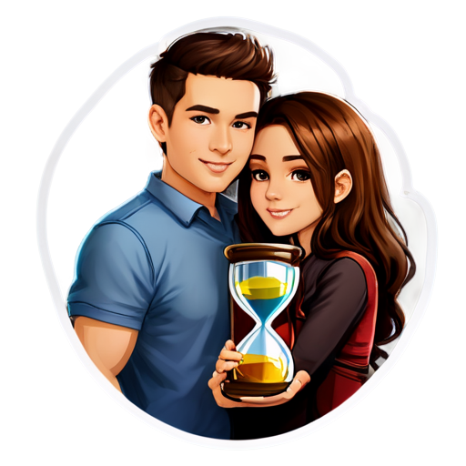 Bright round logo of a brunette guy and a brunette girl, both bright, holding an hourglass - icon | sticker