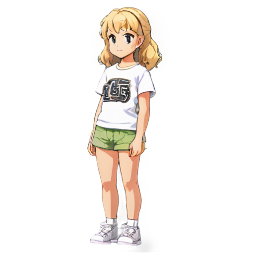 logo for a promts generator Anime, girl, sister, looks like a dwarf, tiny, slim, young, pretty. curly blond hair, not a standard angle, white t-shirt oversize, the relief of theis visible through the white shorts, mini shorts - icon | sticker