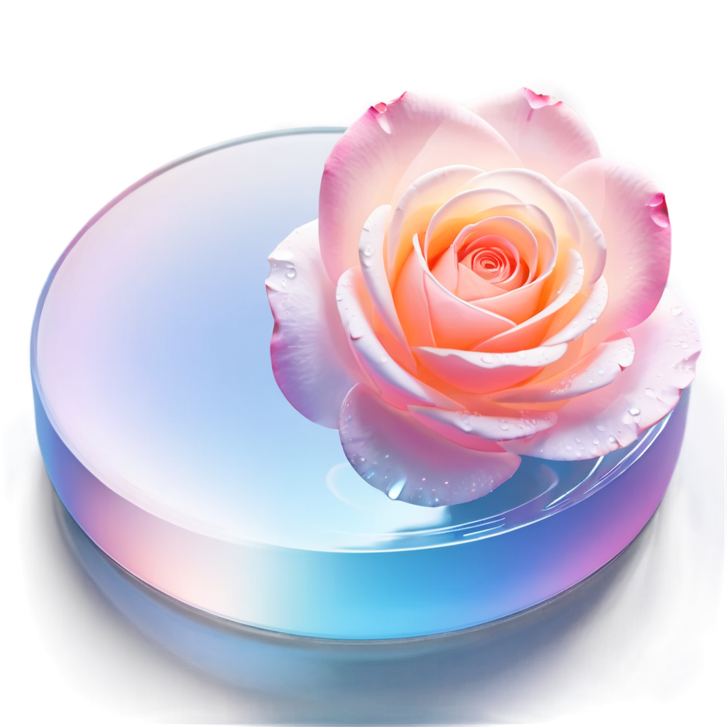 A white rose is placed on top of the water, with a light blue and pink gradient background. Crystal clear rocks float in the sparkling water, with sunlight shining through with half side lighting effects. The style is minimalist with minimalism and C4D rendering. Water droplets fall on the rose in the style of product photography, - icon | sticker